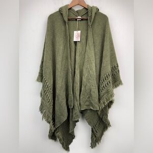 Jessica Simpson OS Women's Green Fringe Hooded Knit Sweater Wrap Poncho NWT